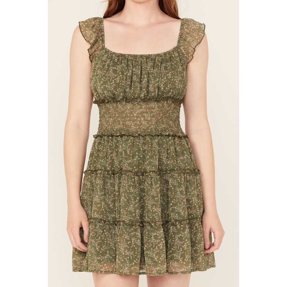 Trixxi Green Floral Smocked‎ Tiered Mini Dress Size Medium